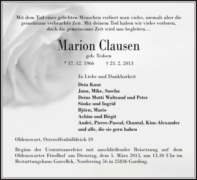  Traueranzeige für Marion Clausen vom 28.02.2013 aus Husumer Nachrichten