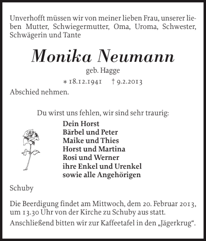  Traueranzeige für Monika Neumann vom 16.02.2013 aus Schleswiger Nachrichten