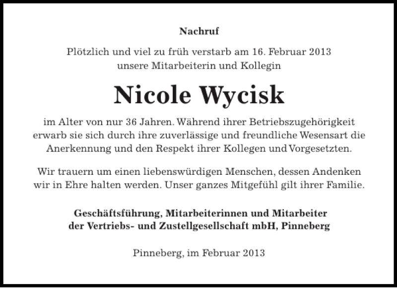  Traueranzeige für Nicole Wycisk vom 23.02.2013 aus Pinneberger Tageblatt