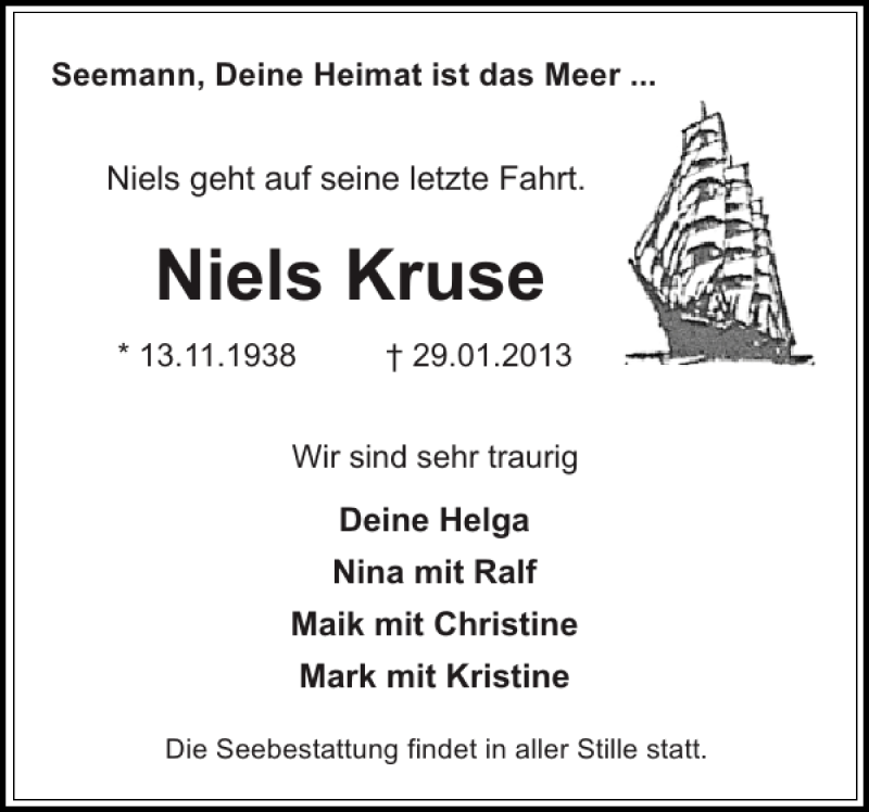  Traueranzeige für Niels Kruse vom 01.02.2013 aus Sylter Rundschau