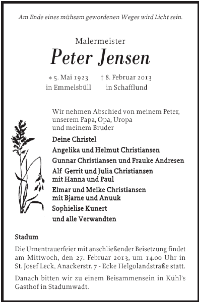  Traueranzeige für Peter Jensen vom 20.02.2013 aus Nordfriesland Tageblatt