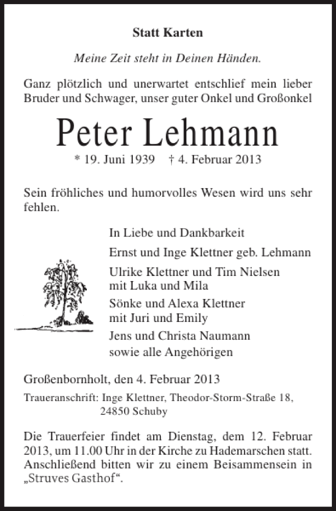  Traueranzeige für Peter Lehmann vom 08.02.2013 aus Landeszeitung