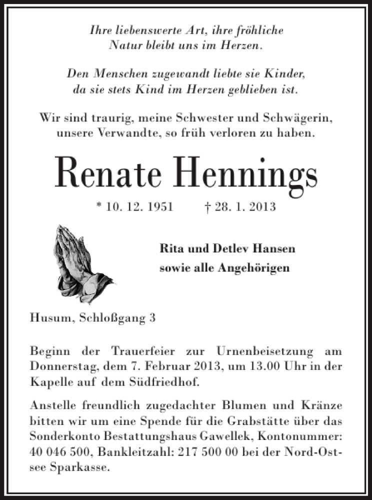  Traueranzeige für Renate Hennings vom 01.02.2013 aus Husumer Nachrichten