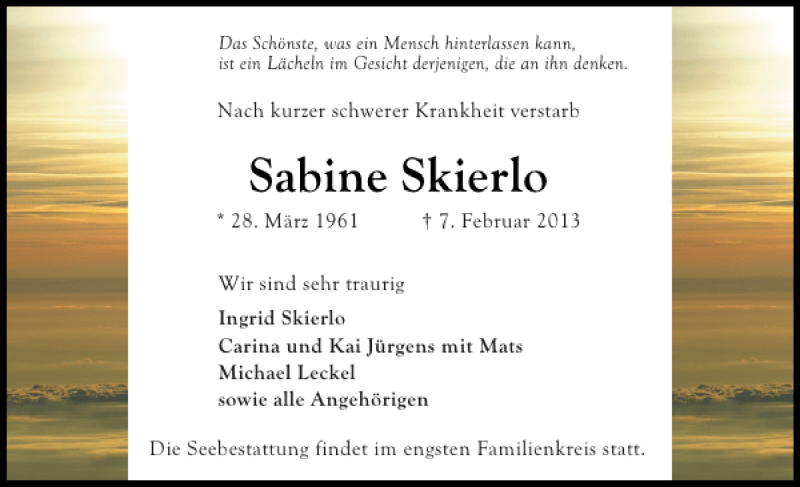  Traueranzeige für Sabine Skierlo vom 23.02.2013 aus Ostholsteiner Anzeiger