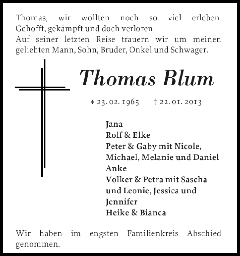  Traueranzeige für Thomas Blum vom 02.02.2013 aus Pinneberger Tageblatt