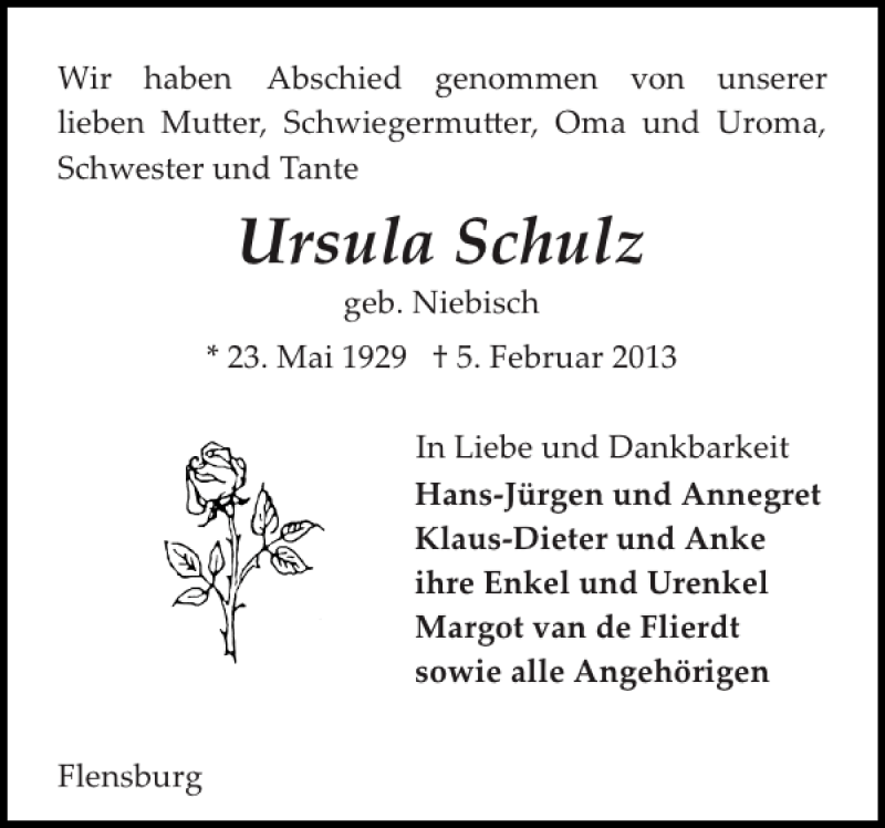  Traueranzeige für Ursula Schulz vom 16.02.2013 aus Flensburger Tageblatt