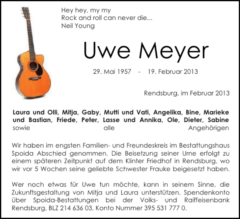  Traueranzeige für Uwe Meyer vom 27.02.2013 aus Landeszeitung