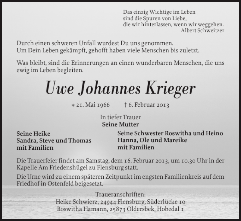  Traueranzeige für Uwe Johannes Krieger vom 09.02.2013 aus Flensburger Tageblatt