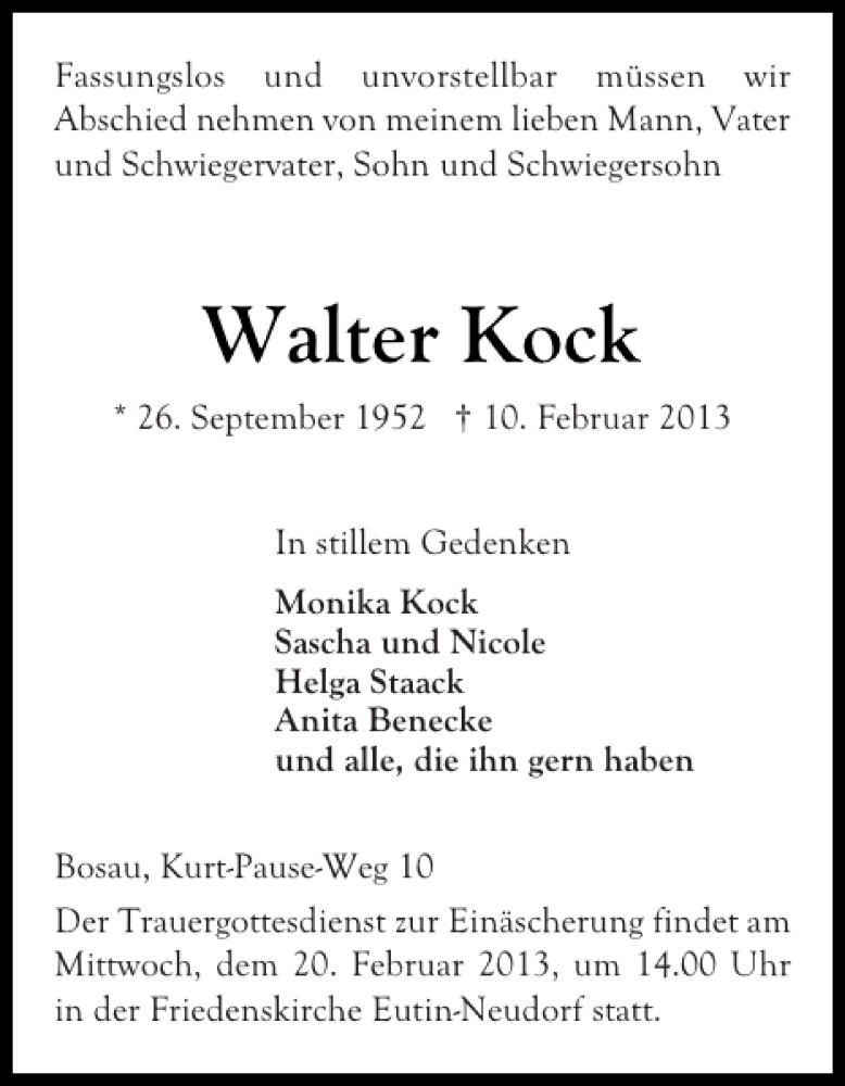  Traueranzeige für Walter Kock vom 16.02.2013 aus Ostholsteiner Anzeiger