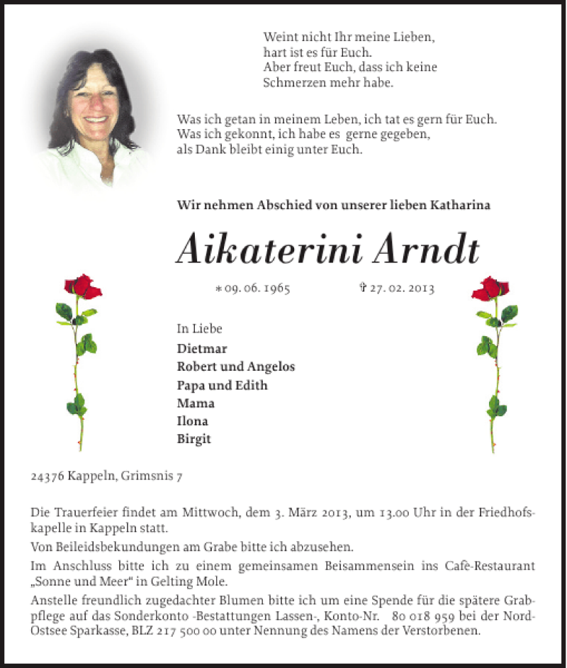  Traueranzeige für Aikaterini Arndt vom 04.03.2013 aus Schlei-Bote
