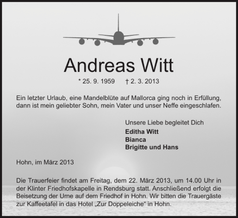 Traueranzeige für Andreas Witt vom 19.03.2013 aus Landeszeitung