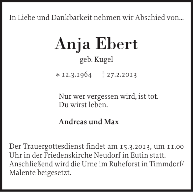  Traueranzeige für Anja Ebert vom 12.03.2013 aus Ostholsteiner Anzeiger