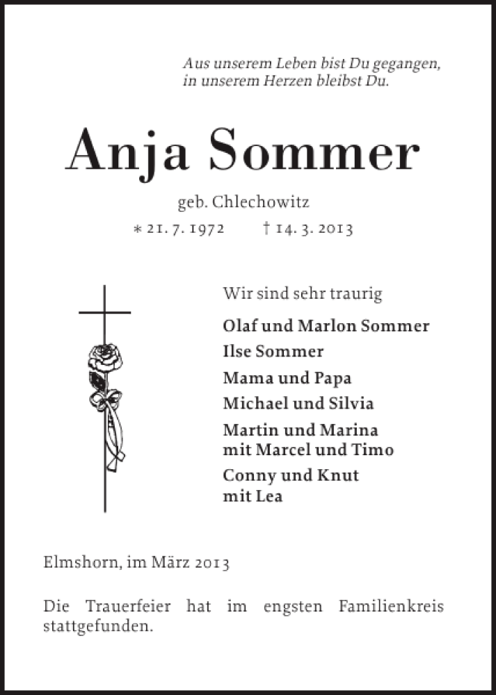  Traueranzeige für Anja Sommer vom 23.03.2013 aus Elmshorner Nachrichten