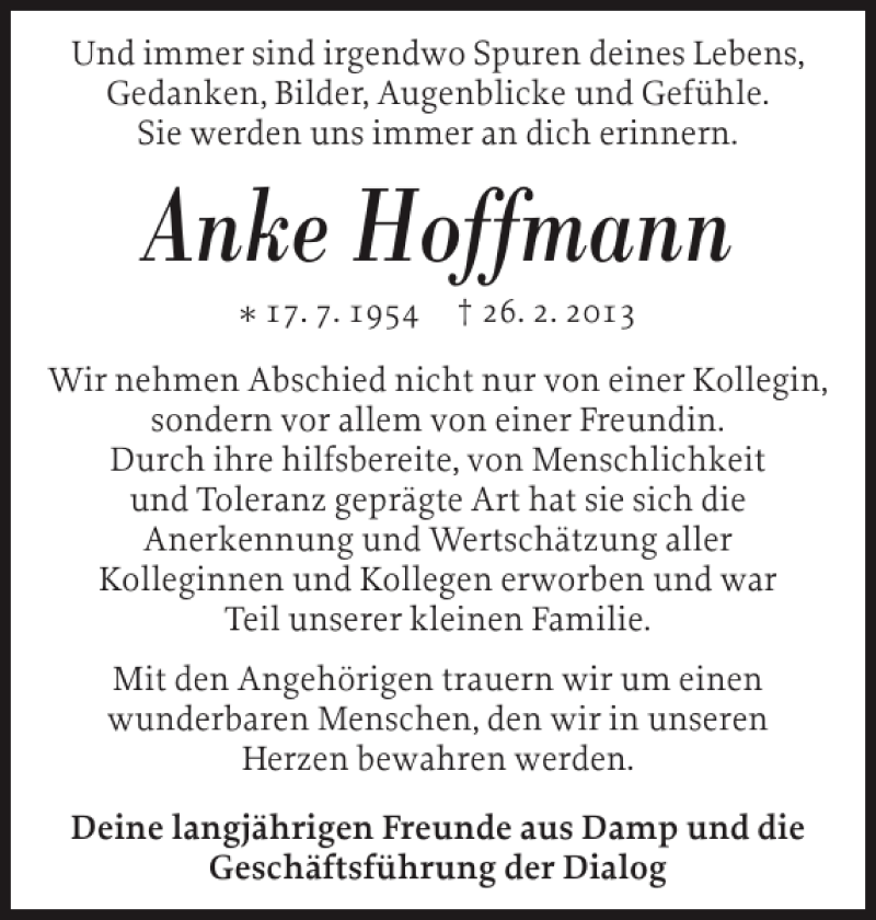  Traueranzeige für Anke Hoffmann vom 06.03.2013 aus Schlei-Bote
