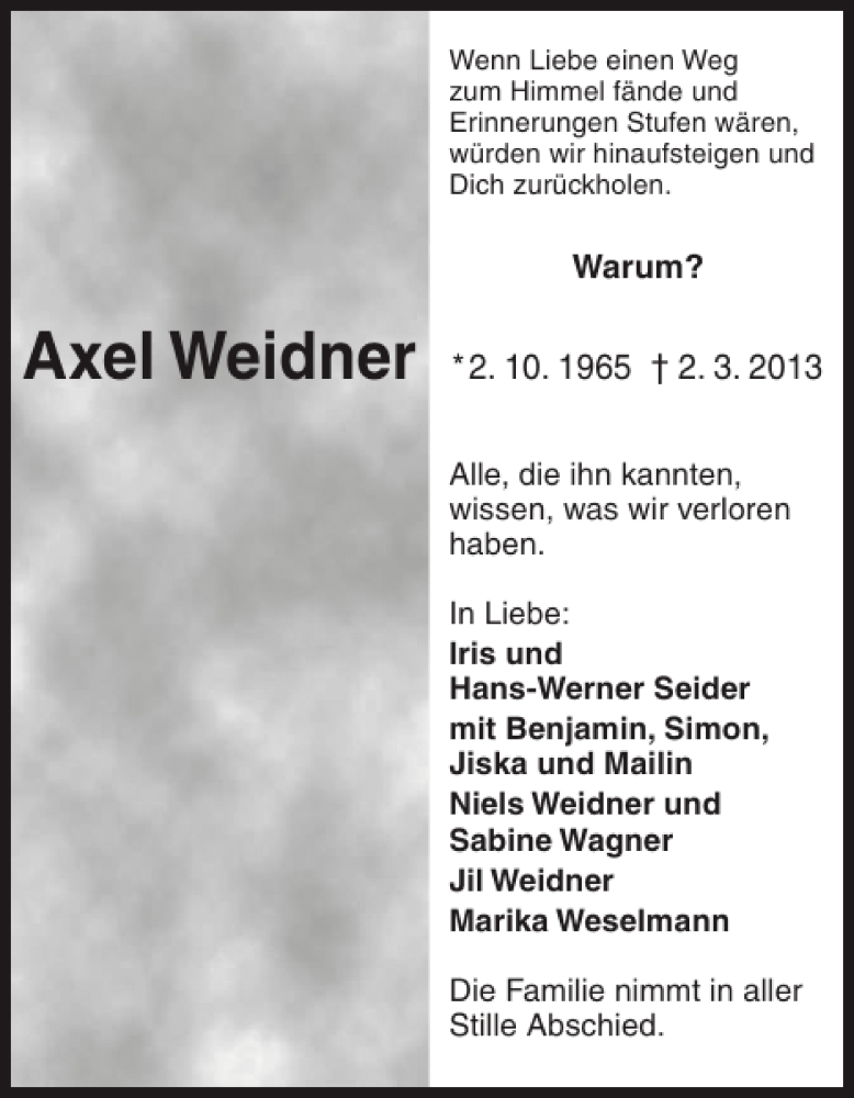  Traueranzeige für Axel Weidner vom 06.03.2013 aus Pinneberger Tageblatt