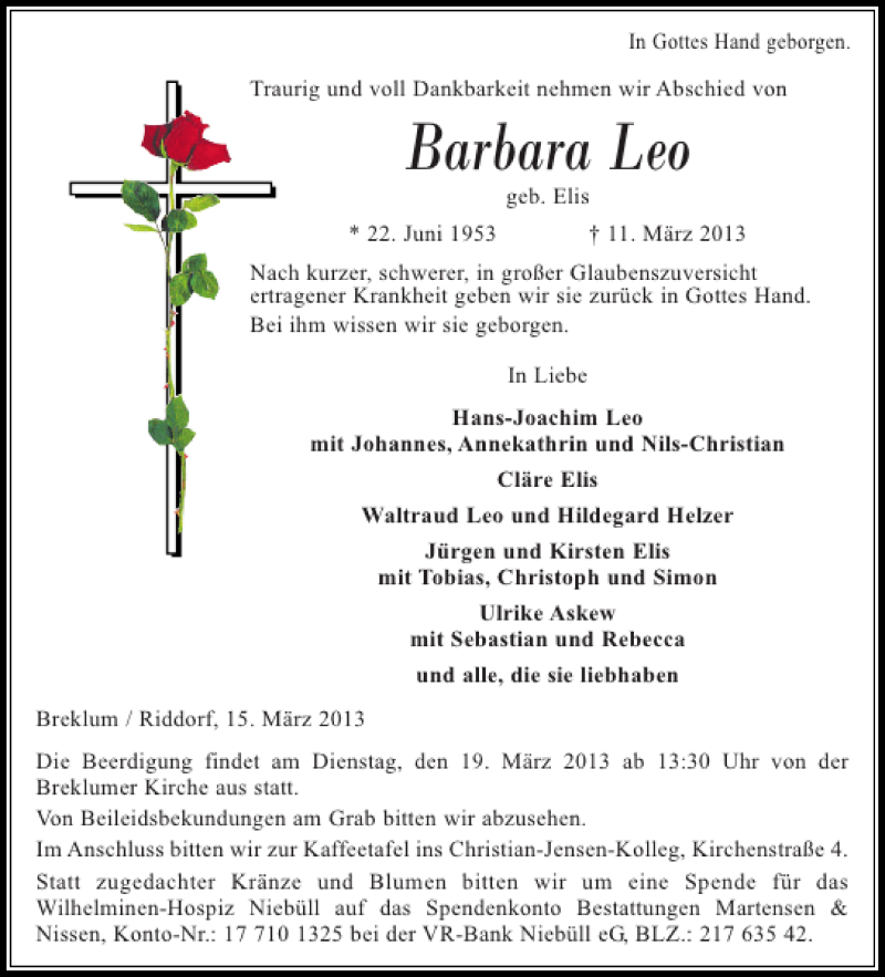  Traueranzeige für Barbara Leo vom 15.03.2013 aus Husumer Nachrichten