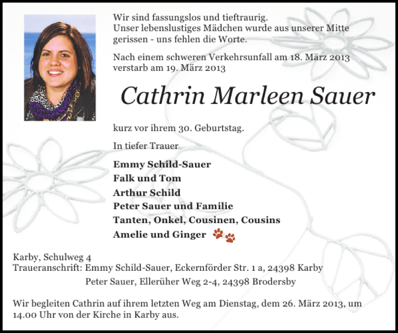  Traueranzeige für Cathrin Marleen Sauer vom 23.03.2013 aus Schleswiger Nachrichten