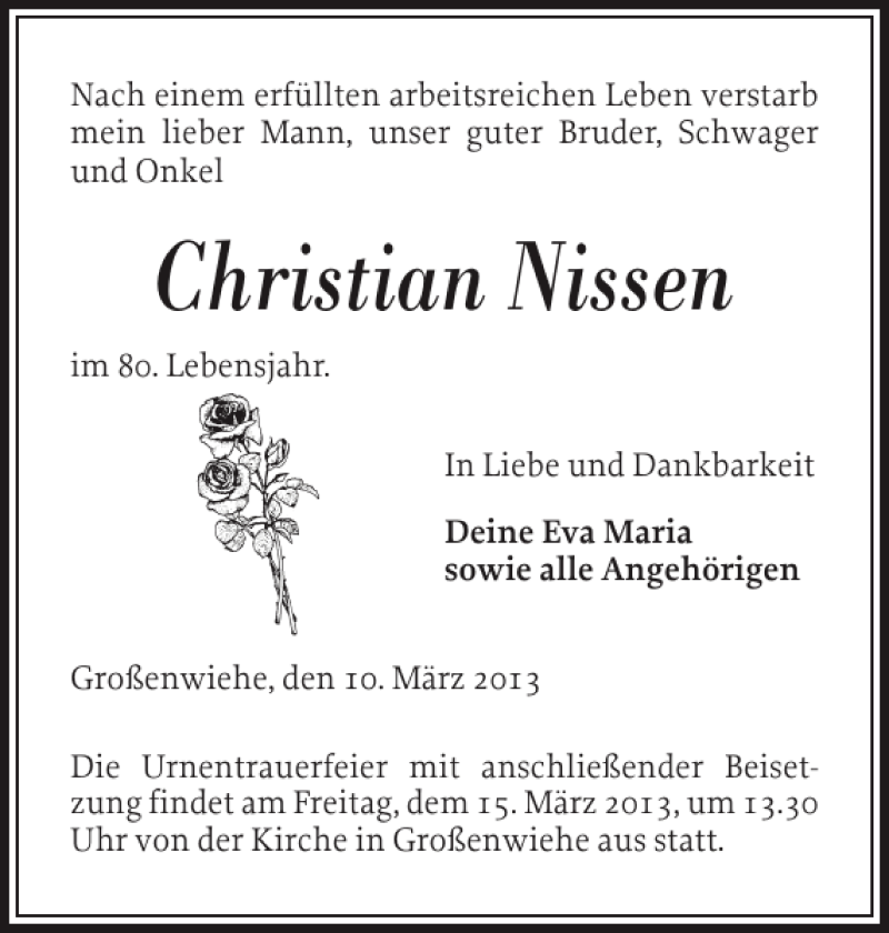  Traueranzeige für Christian Nissen vom 12.03.2013 aus Flensburger Tageblatt