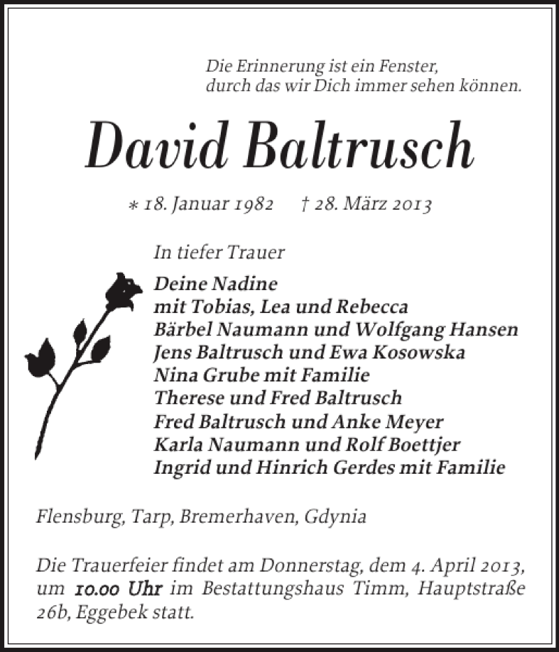  Traueranzeige für David Baltrusch vom 30.03.2013 aus Flensburger Tageblatt