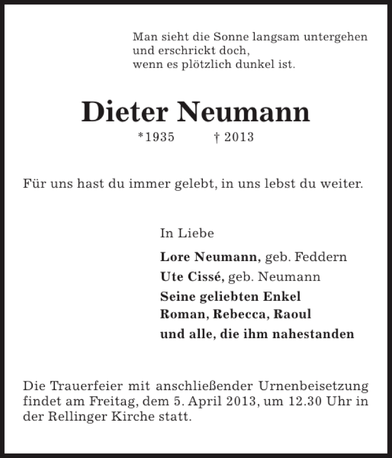  Traueranzeige für Dieter Neumann vom 30.03.2013 aus Pinneberger Tageblatt