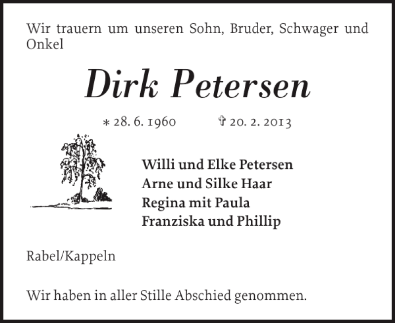  Traueranzeige für Dirk Petersen vom 18.03.2013 aus Schlei-Bote