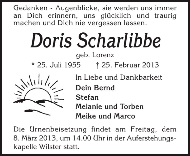  Traueranzeige für Doris Scharlibbe vom 05.03.2013 aus Norddeutsche Rundschau