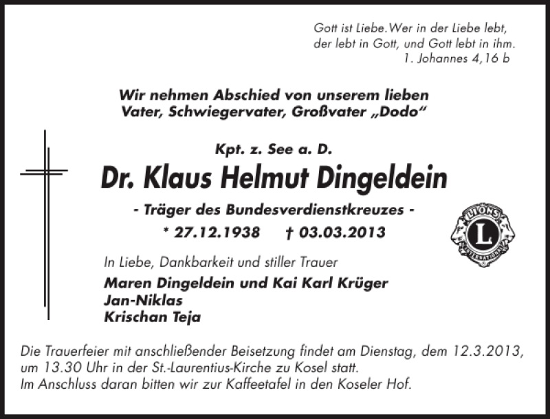  Traueranzeige für Dr. Klaus Helmut Dingeldein vom 07.03.2013 aus Eckernförder Zeitung