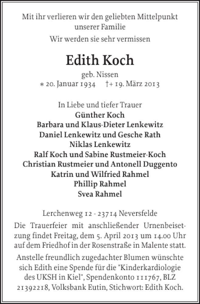  Traueranzeige für Edith Koch vom 30.03.2013 aus Ostholsteiner Anzeiger