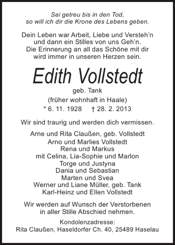  Traueranzeige für Edith Vollstedt vom 16.03.2013 aus Landeszeitung