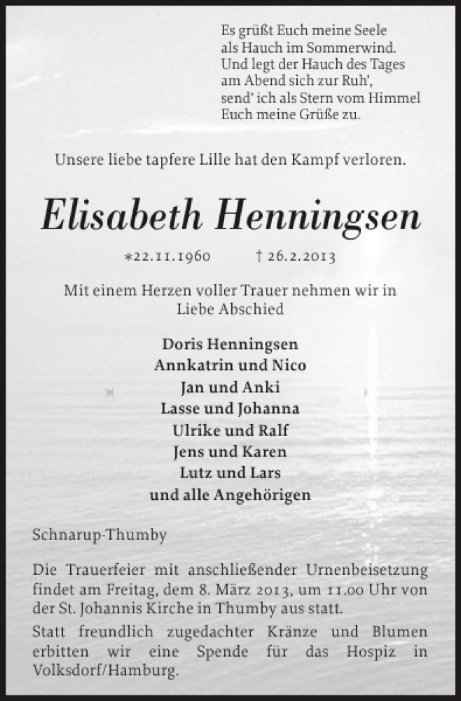  Traueranzeige für Elisabeth Henningsen vom 05.03.2013 aus Flensburger Tageblatt
