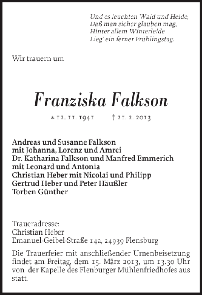  Traueranzeige für Franziska Falkson vom 09.03.2013 aus Flensburger Tageblatt