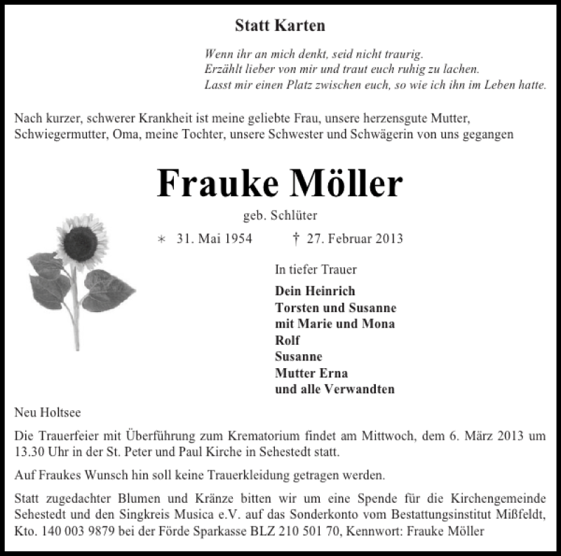  Traueranzeige für Frauke Möller vom 04.03.2013 aus Landeszeitung