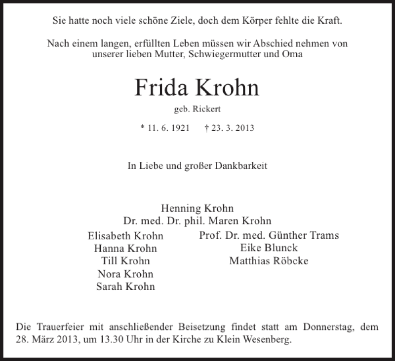  Traueranzeige für Frida Krohn vom 27.03.2013 aus Stormarner Tageblatt