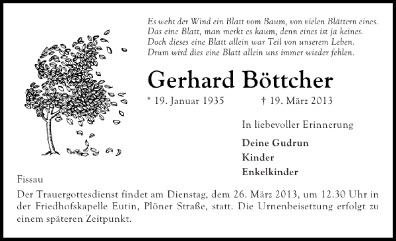  Traueranzeige für Gerhard Böttcher vom 23.03.2013 aus Ostholsteiner Anzeiger