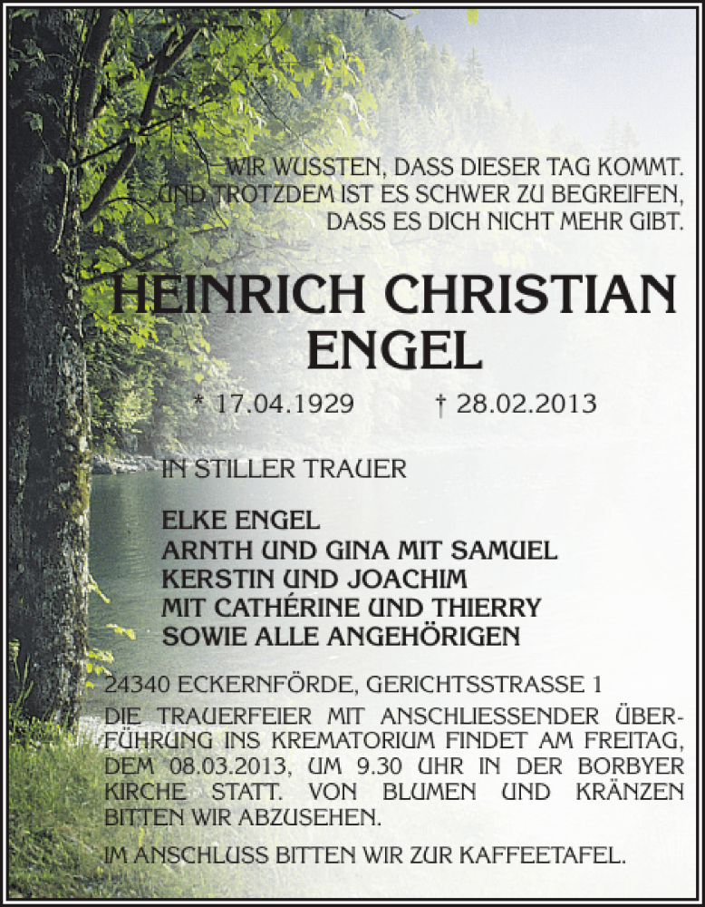  Traueranzeige für HEINRICH CHRISTIAN ENGEL vom 02.03.2013 aus Eckernförder Zeitung