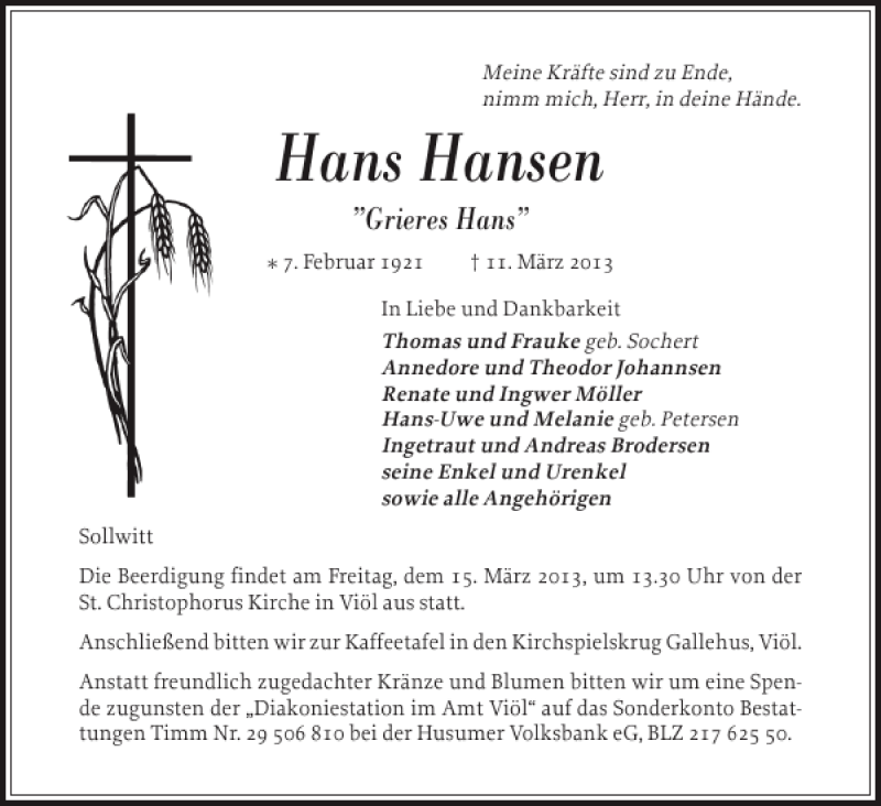 Traueranzeige für Hans Hansen vom 13.03.2013 aus Flensburger Tageblatt