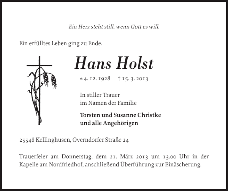  Traueranzeige für Hans Holst vom 19.03.2013 aus Norddeutsche Rundschau