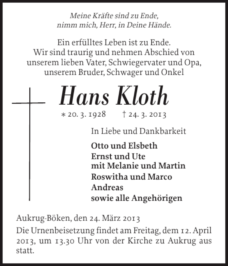  Traueranzeige für Hans Kloth vom 28.03.2013 aus Landeszeitung