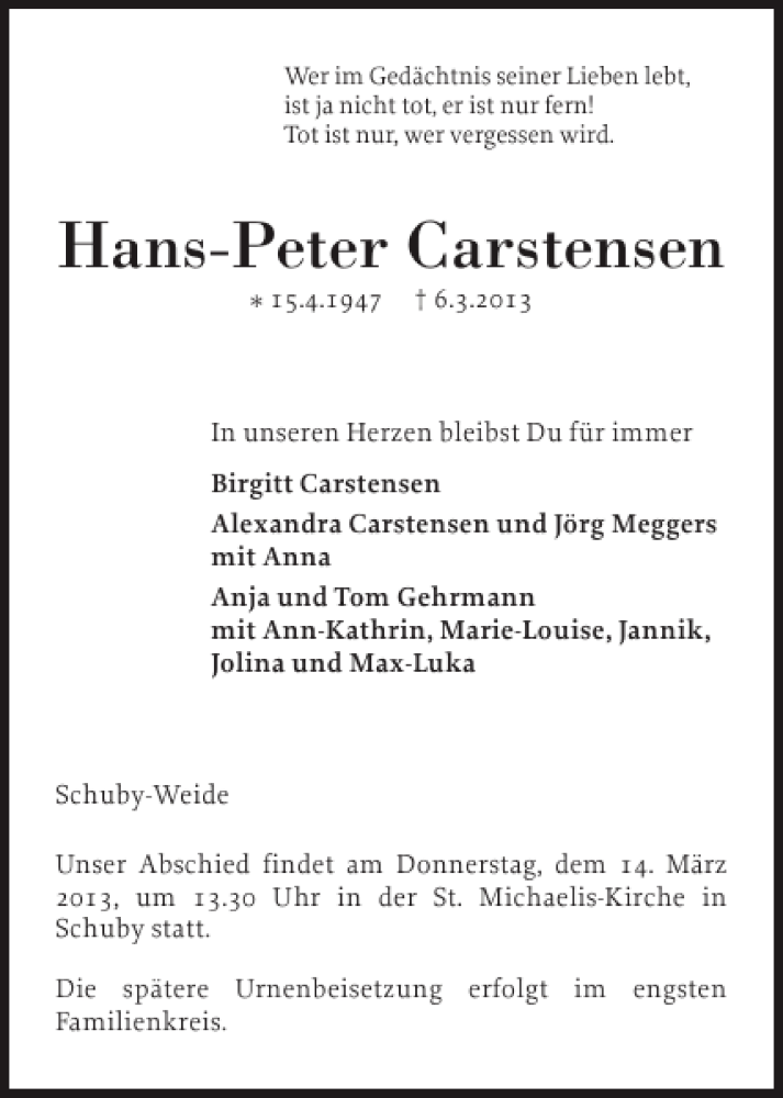  Traueranzeige für Hans-Peter Carstensen vom 09.03.2013 aus Schleswiger Nachrichten