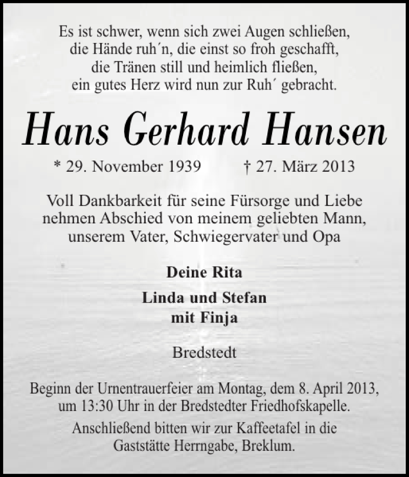  Traueranzeige für Hans Gerhard Hansen vom 30.03.2013 aus Husumer Nachrichten