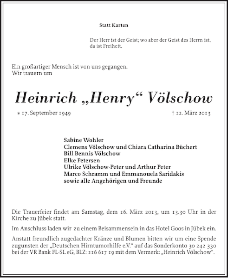  Traueranzeige für Heinrich Henry Völschow vom 14.03.2013 aus Flensburger Tageblatt