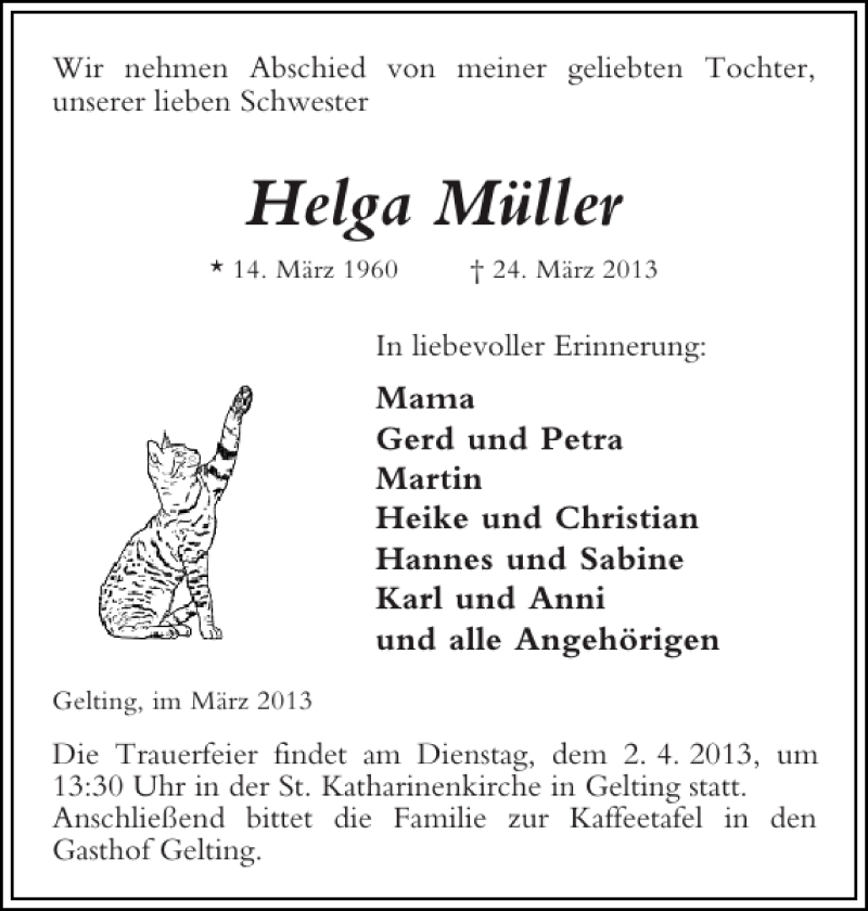  Traueranzeige für Helga Müller vom 27.03.2013 aus Flensburger Tageblatt