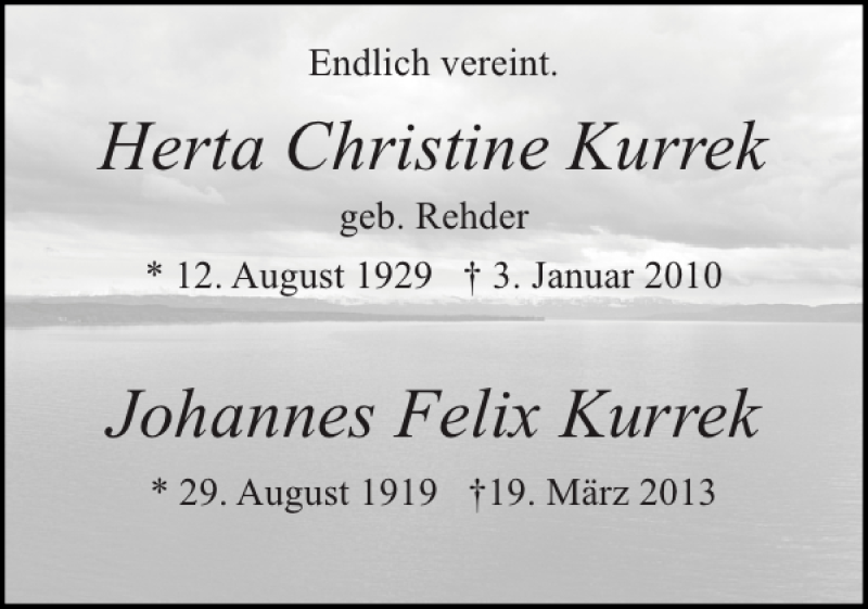  Traueranzeige für Herta Christine und Johannes Felix Kurrek  vom 30.03.2013 aus Elmshorner Nachrichten