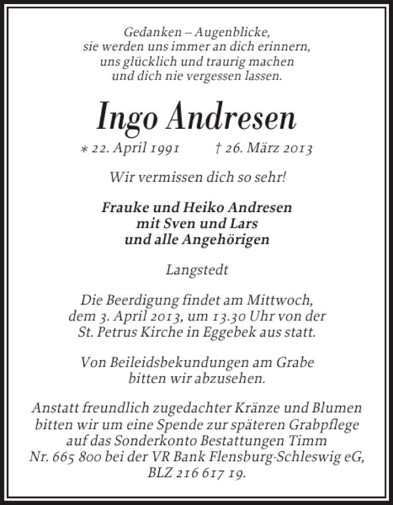  Traueranzeige für Ingo Andresen vom 30.03.2013 aus Flensburger Tageblatt