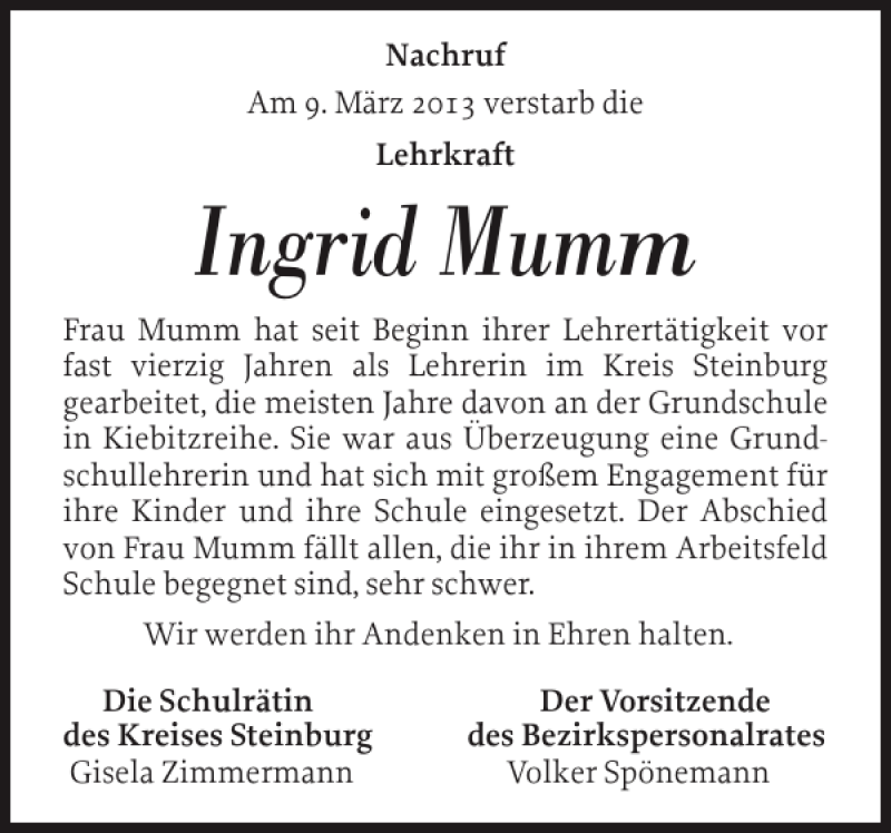  Traueranzeige für Ingrid Mumm vom 14.03.2013 aus Norddeutsche Rundschau