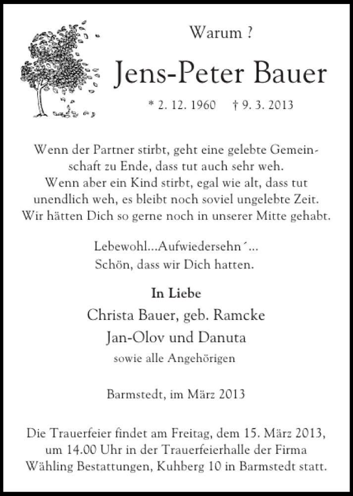  Traueranzeige für Jens-Peter Bauer vom 12.03.2013 aus Elmshorner Nachrichten