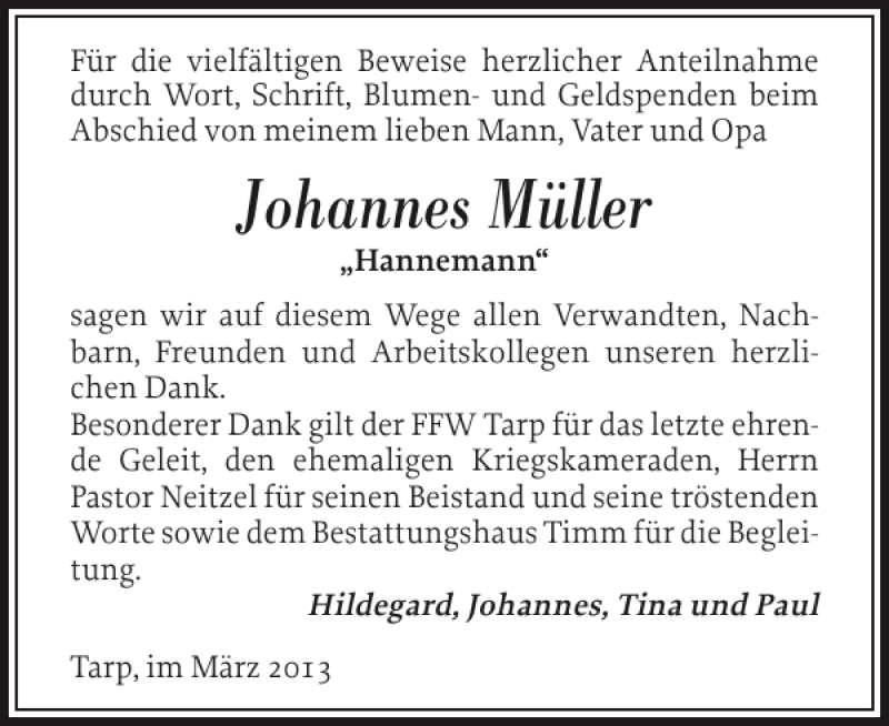  Traueranzeige für Johannes Müller vom 30.03.2013 aus Flensburger Tageblatt