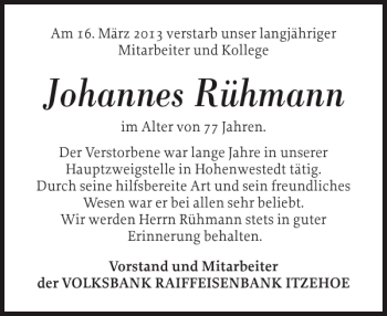 Traueranzeige von Johannes Rühmann von Landeszeitung