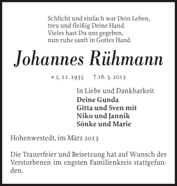 Traueranzeige von Johannes Rühmann von Landeszeitung
