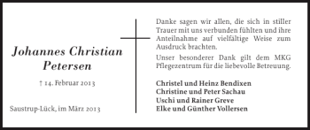 Traueranzeige von Johannes Christian Petersen von Flensburger Tageblatt